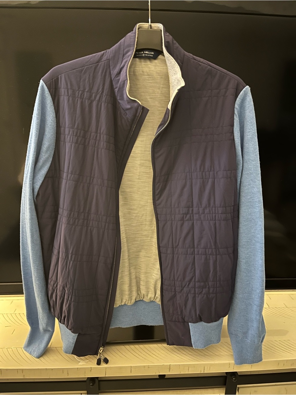 Peter Millar Navy Quilted Bomber with Light Blue Sleeves